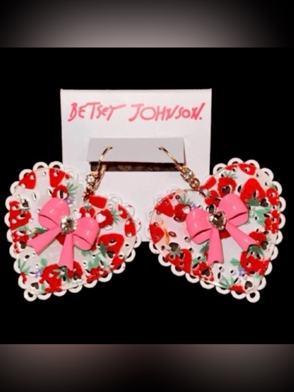 BETSEY JOHNSON Valentine's Day Heart-Shaped w Bows Doily-Themed Earrings NEW NWT